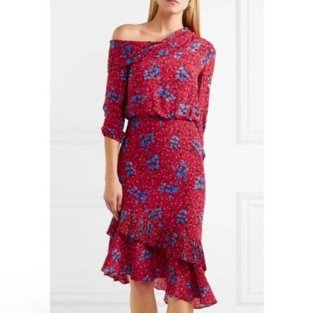 SALONI Lexie 100% SILK Floral Asymmetrical Ruffle Pleat Off Shoulder size 4 NEW